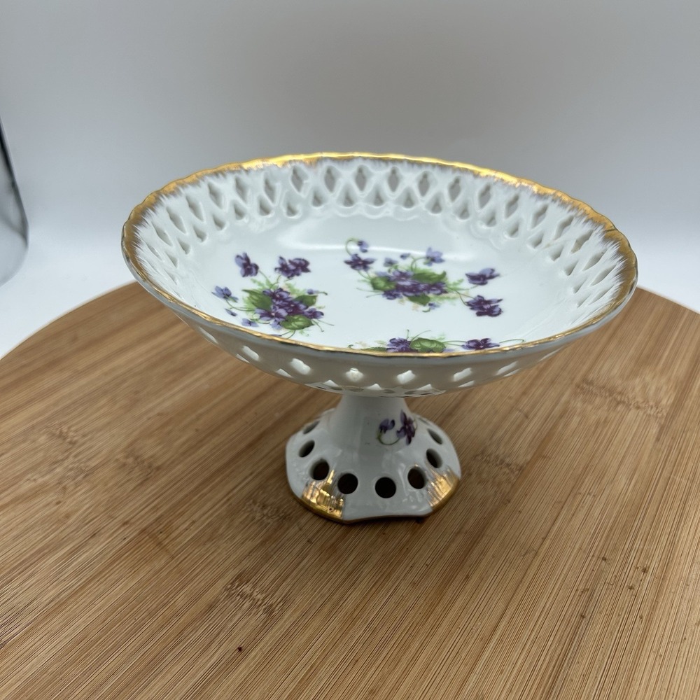 Lefton China Compote Lace/Reticulated w/Violet Bouquets Gold Trim Edge 7 1/2"x5"